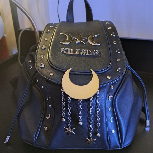Killstar Handbags - Killstar Andromeda Black Leather Backpack Purse w/ Moon Accents